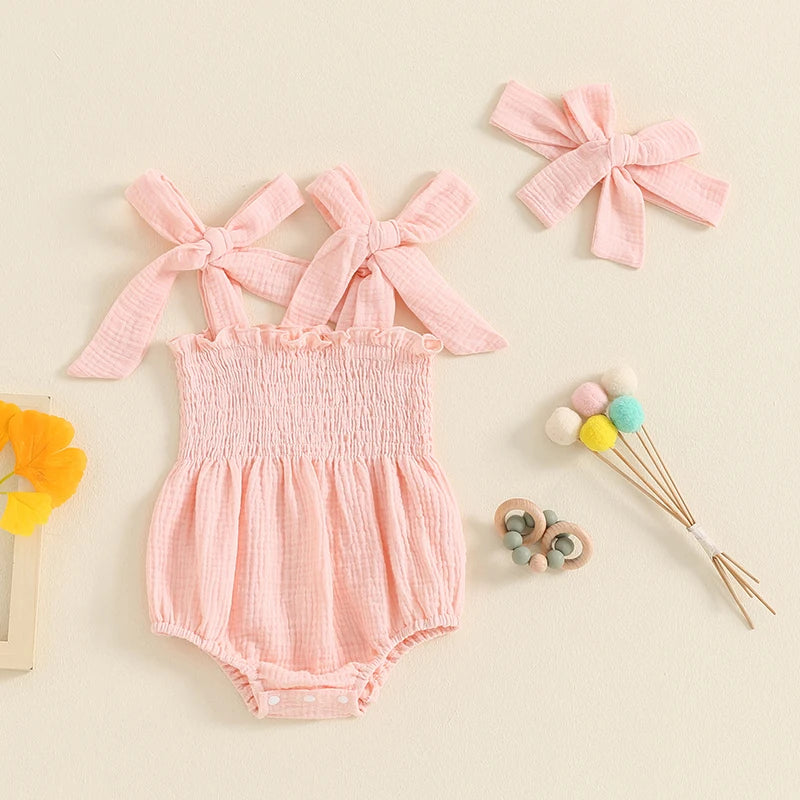 Baby Girl 2Pcs Summer Outfit Cute Sleeveless Tie Shoulder Strap Tank Romper with Headband Set