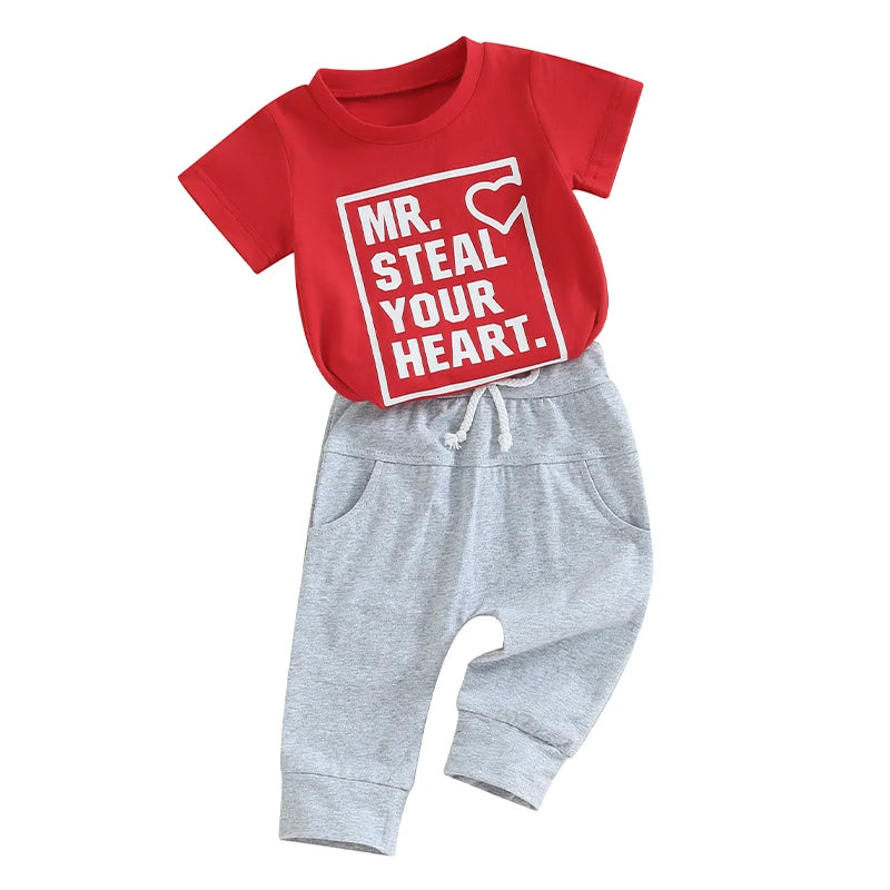 Baby Toddler Boy 2Pcs Valentine's Day Outfit Mr. Steal Your Heart Letter & Heart Print Short Sleeve Top with Solid Color Long Pants Set