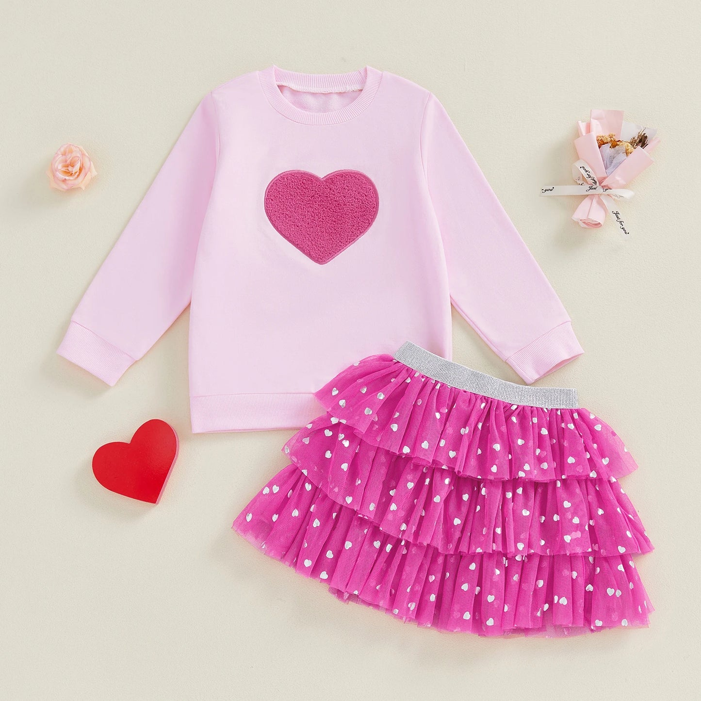 Baby Toddler Girls 2Pcs Outfit Long Sleeve Crew Neck Heart Embroidery Top and Tiered Tulle Skirt Set