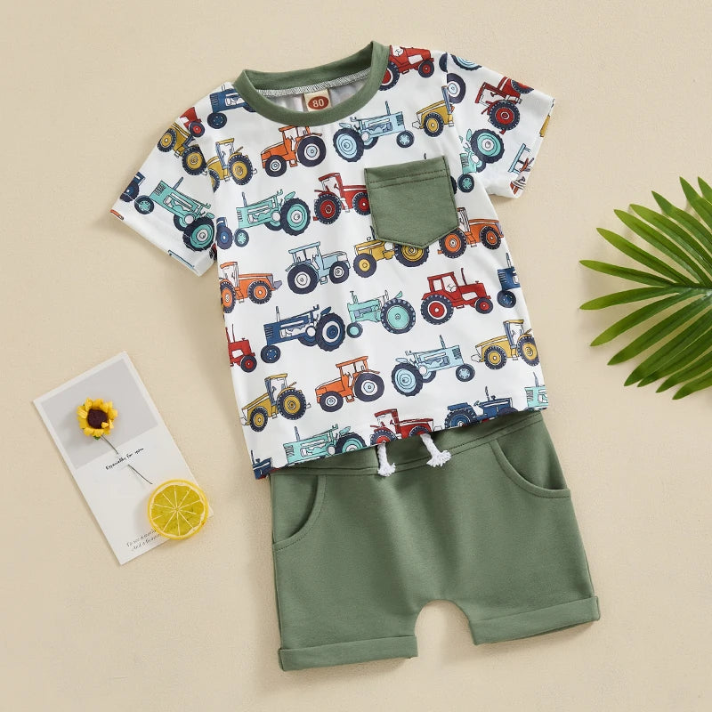 Toddler Baby Boys 2Pcs Short Sleeve Tractors Print Top and Drawstring Shorts Set