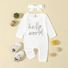 Load image into Gallery viewer, Baby Girls 2Pcs Hello Fall / World / Little Pumpkin Outfit Long Sleeve Crew Neck Embroidery Letters Jumpsuit with Headband Set
