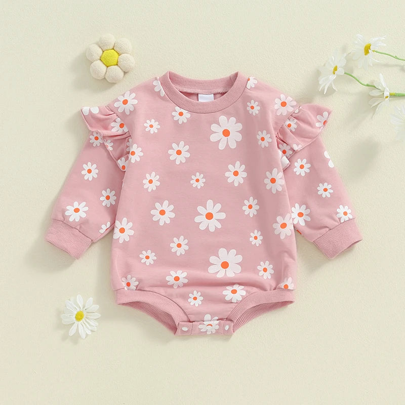 Baby Girl Bubble Romper Flower Daisy Print Round Neck Long Sleeve Jumpsuit