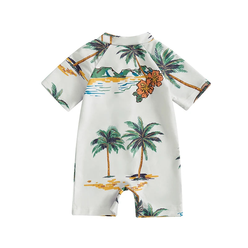 Baby Toddler Boys Rash Guard Swimwear Palm Tree Print Short Sleeve Mock Neck Zip Bathing Suit