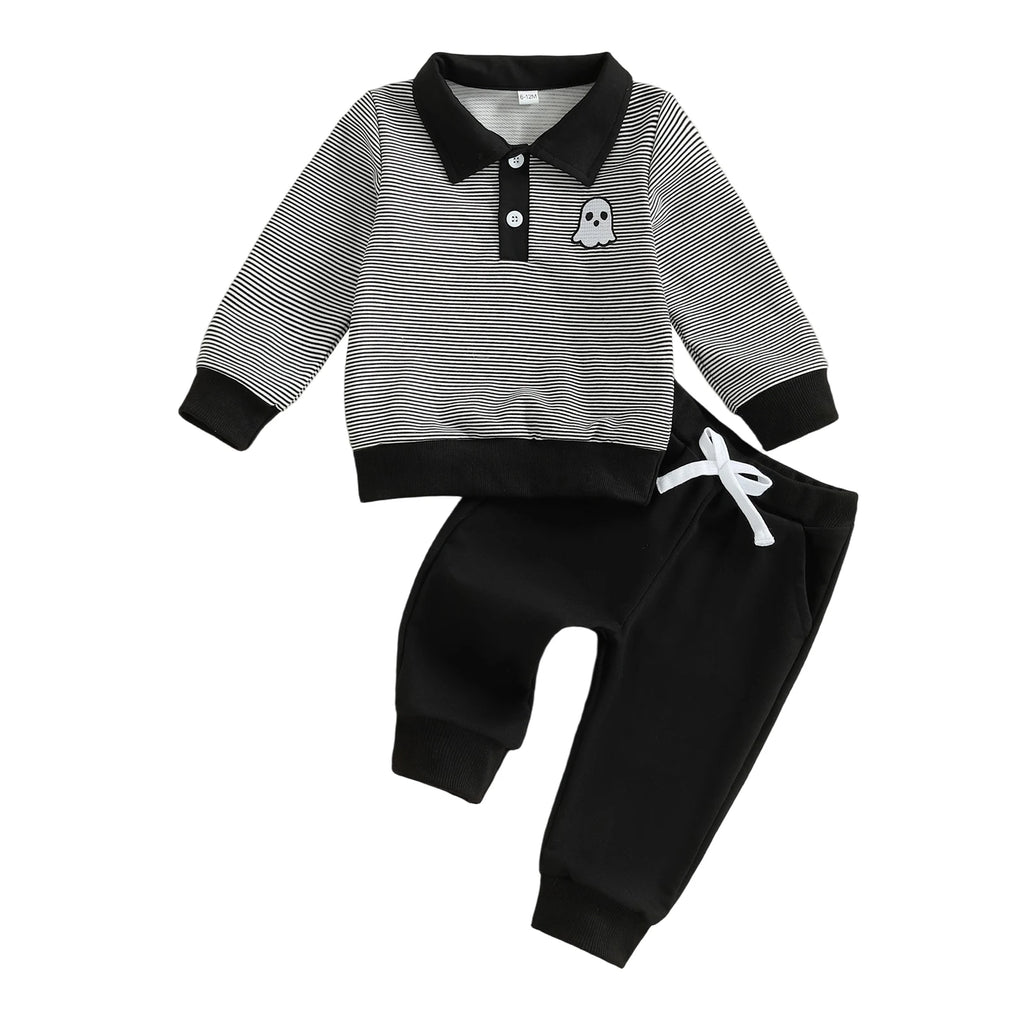 Baby Toddler Boys 2Pcs Halloween Outfit Ghost Embroidery Striped Long Sleeve Top with Pants Jogger Set
