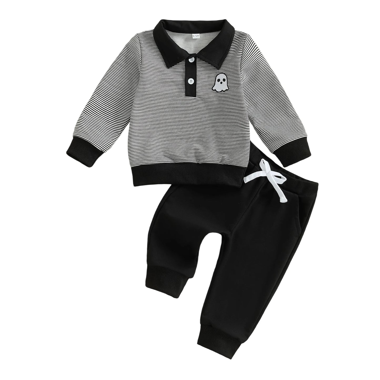 Baby Toddler Boys 2Pcs Halloween Outfit Ghost Embroidery Striped Long Sleeve Top with Pants Jogger Set