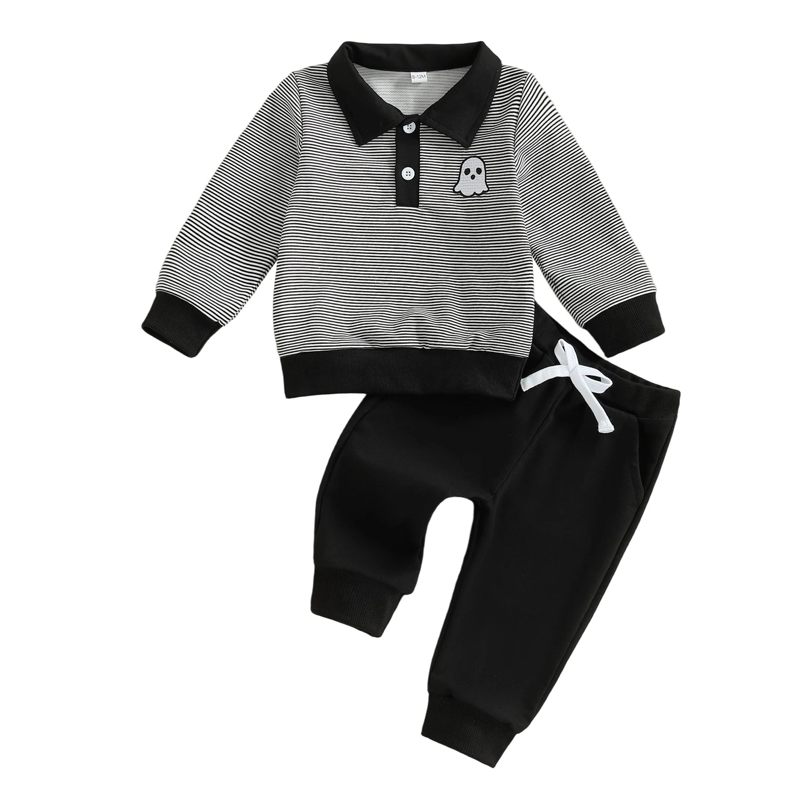 Baby Toddler Boys 2Pcs Halloween Outfit Ghost Embroidery Striped Long Sleeve Top with Pants Jogger Set