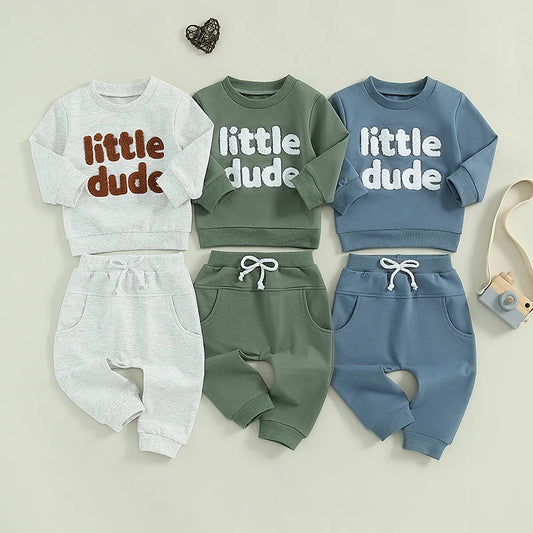 Baby Toddler Boys 2Pcs Little Dude Fall Outfit Long Sleeve Letter Embroidery Top + Pocket Pants Set