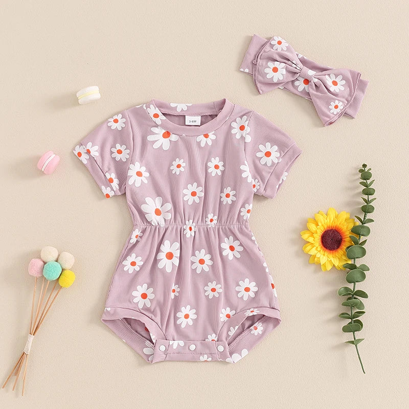 Baby Girls 2Pcs Romper Short Sleeve O Neck Flower Daisy Print Floral Jumpsuit with Headband Set