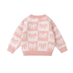 Baby Toddler Girls Sweater Bow Print Contrast Color Checkered Crew Neck Long Sleeve Baby Pullover Fall Top