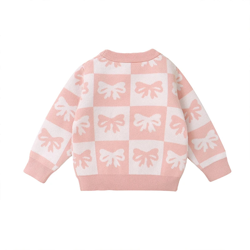 Baby Toddler Girls Sweater Bow Print Contrast Color Checkered Crew Neck Long Sleeve Baby Pullover Fall Top