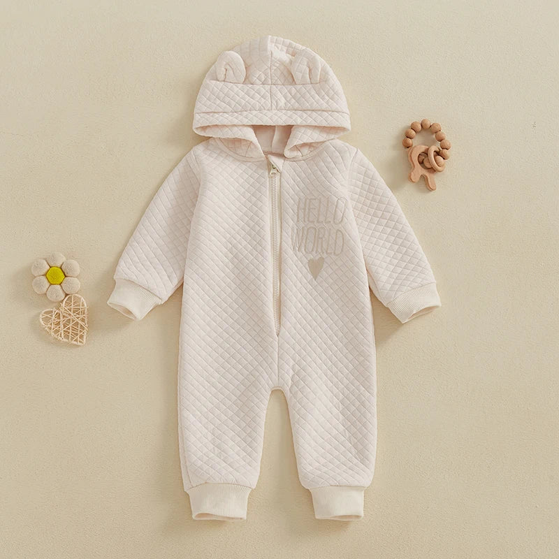 Baby Boys Girls Hello World Jumpsuit Long Sleeve Solid Hooded Hood with Ears Embroidery Letters Zipper Romper Clothes