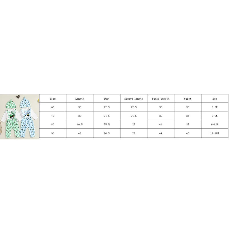 Baby Boys 3Pcs Worth The Wait Outfit Long Sleeve Round Neck Romper Tractor Print Suspender Pants Overalls Hat Set