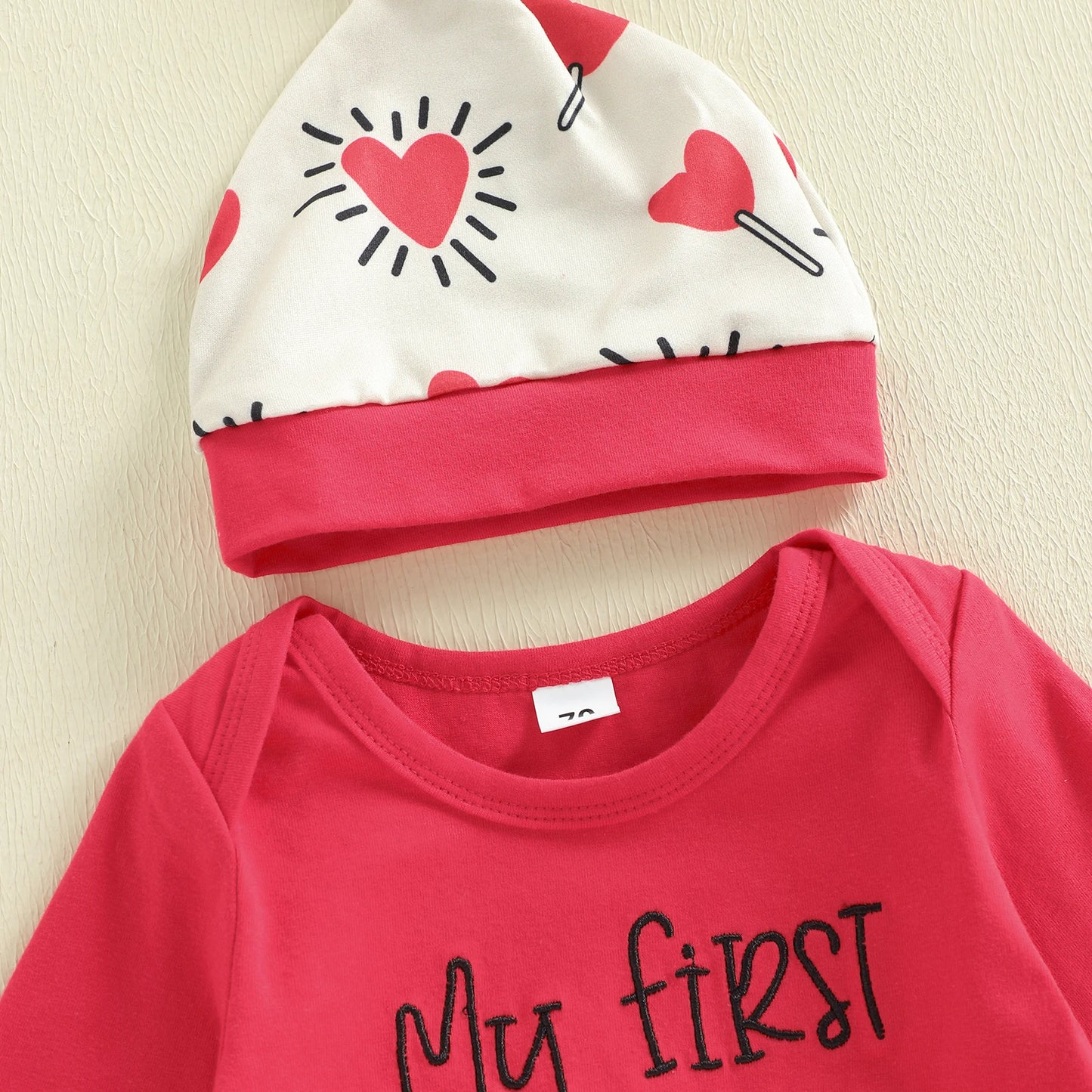 Baby Boy Girl 3Pcs My First Valentine's Day Outfit Letter Print Long Sleeve Romper Heart Candy Pattern Long Pants and Hat 3Pcs Set