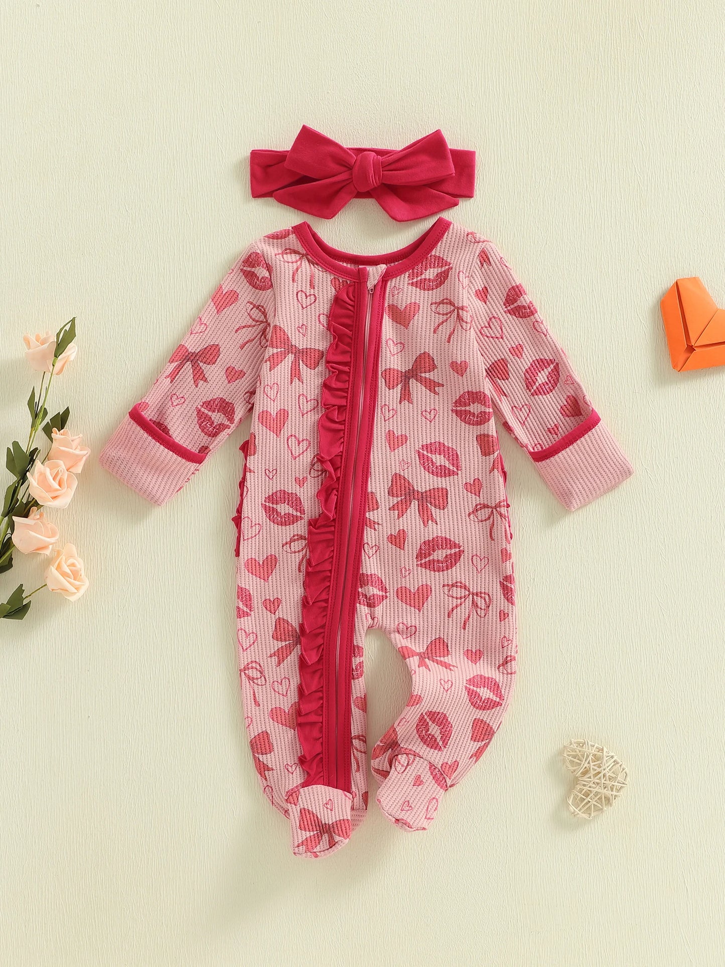 Baby Girls 2Pcs Valentine's Day Outfits Heart Lip Print Long Sleeve Round Neck Ruffled Zipper Romper Footed Jumpsuit with Bow Headband Set
