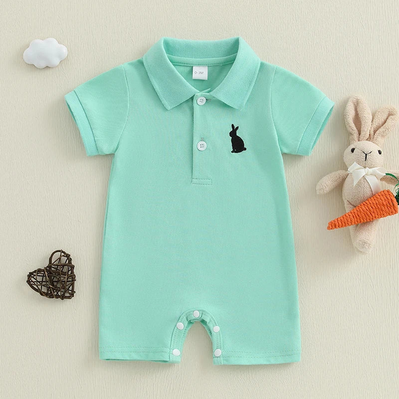 Baby Boys Easter Romper Spring Short Sleeve Lapel Collar Bunny Rabbit Embroidery Jumpsuit Playsuit