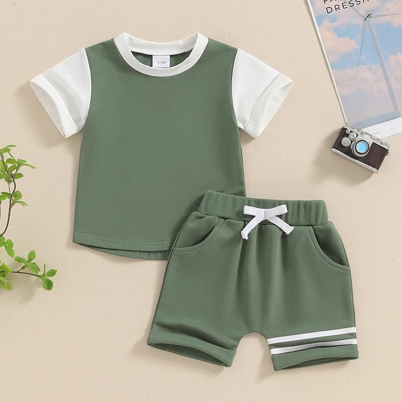 Toddler Baby Boys 2Pcs Short Sleeve Contrast Color Top and Drawstring Shorts Stripes Set Outfit