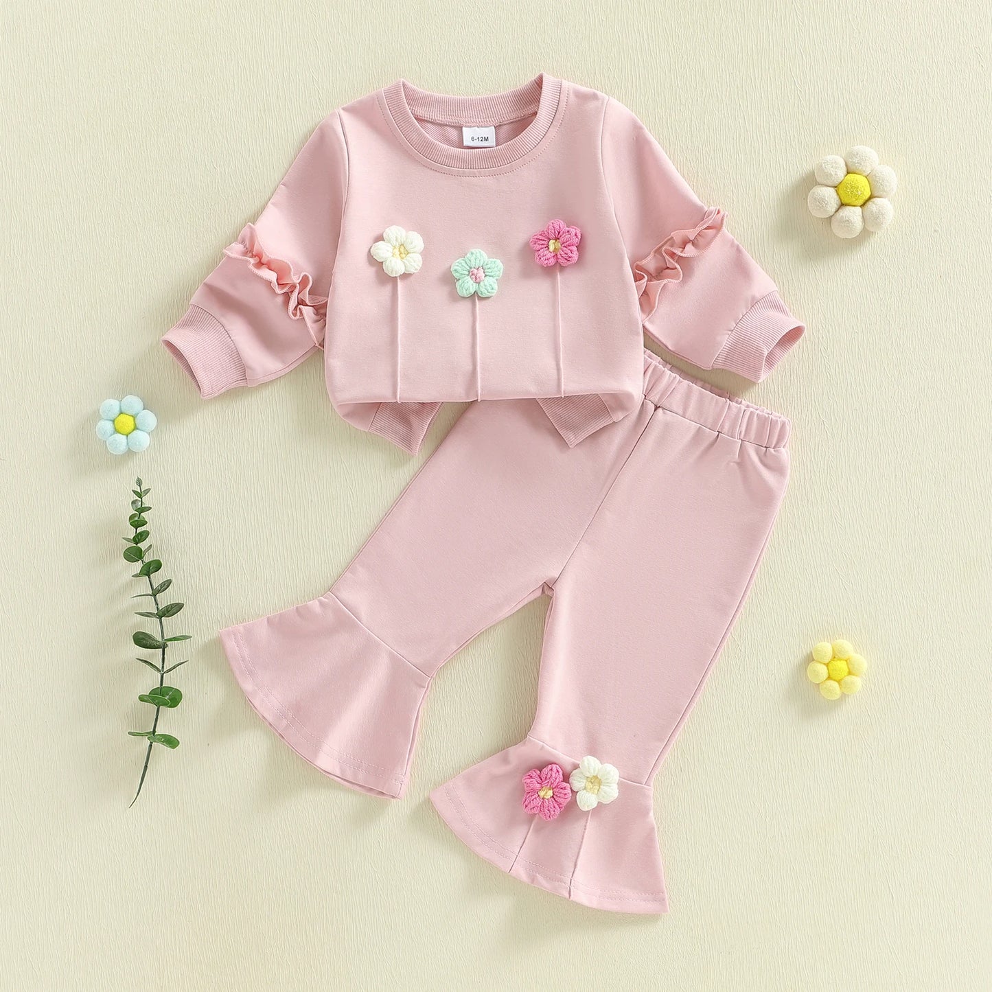 Baby Toddler Girls 2Pcs Spring Outfit Long Sleeve Crew Neck 3D Crochet Flower Decor Top and Bell Bottom Pants Set