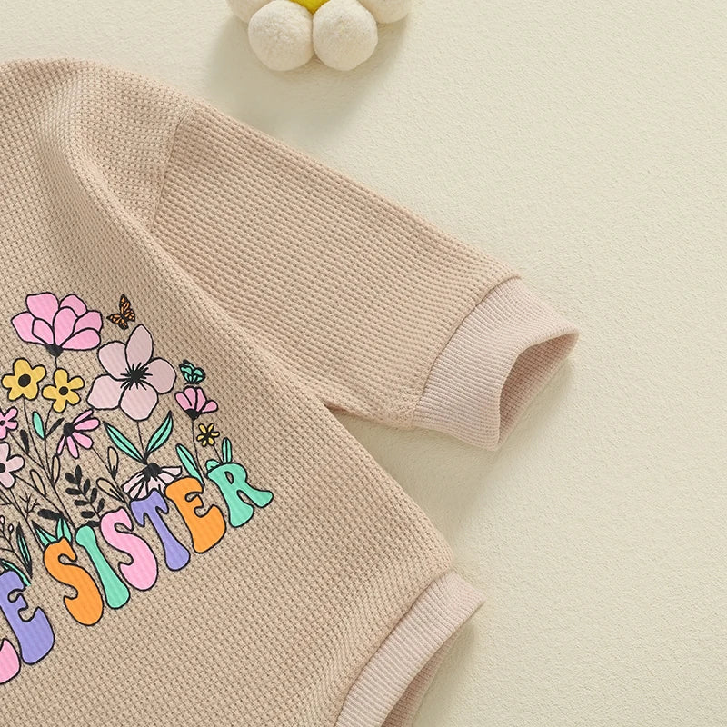 Baby Girls Little Sister Romper Long Sleeve Crew Neck Flower Letters Print Bodysuit