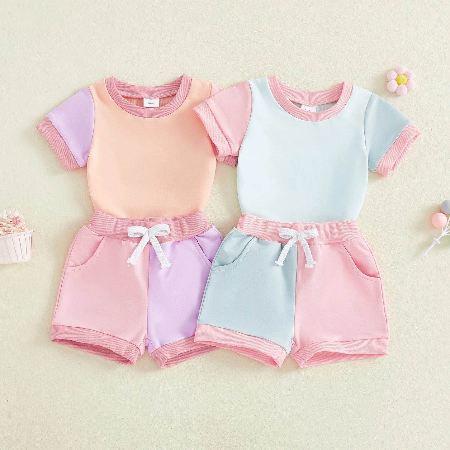Baby Girls 2Pcs Summer Spring Shorts Set Short Sleeve O Neck Contrast Color Romper and Drawstring Shorts Outfit