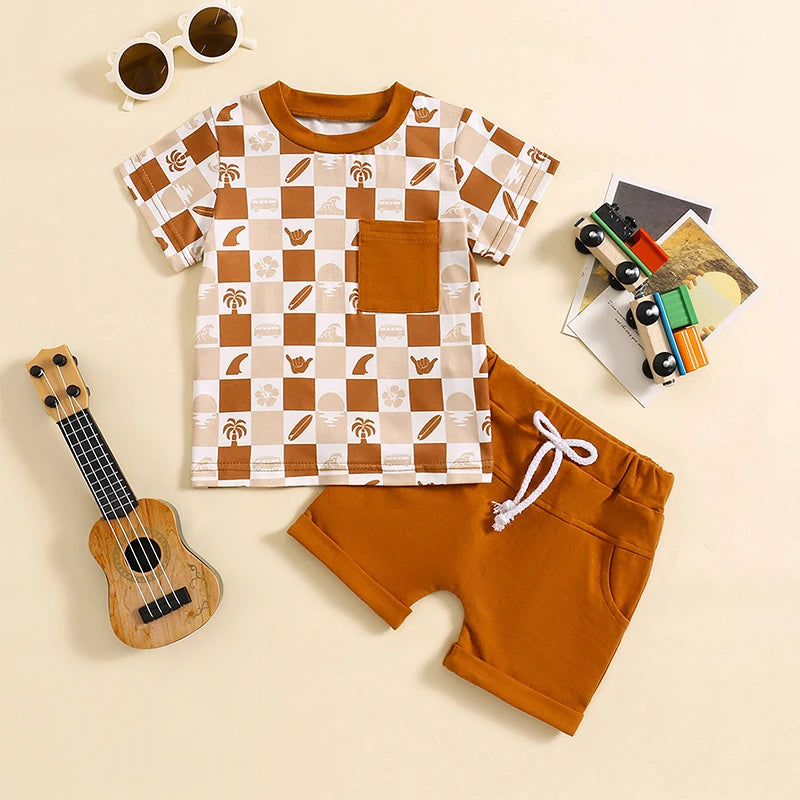 Baby Toddler Boys 2Pcs Summer Outfits Checker Print Short Sleeve Top Elastic Waist Shorts Clothes Set