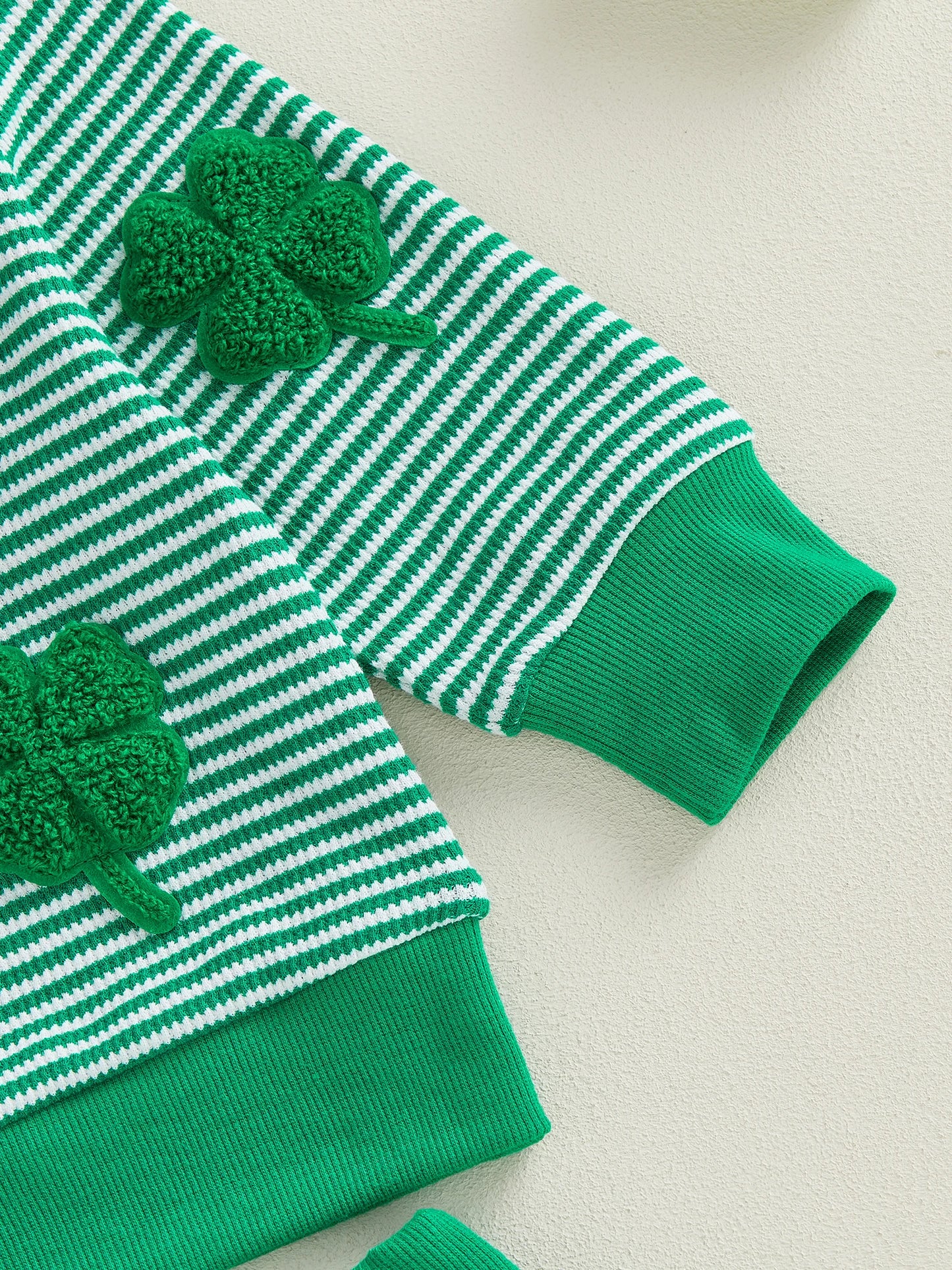 Baby Toddler Boy 2Pcs Spring Outfit Four-Leaf Clover Embroidery Long Sleeve O-Neck Pullover + Elastic Waist Stripe Pants St. Patrick's Day Jogger Set