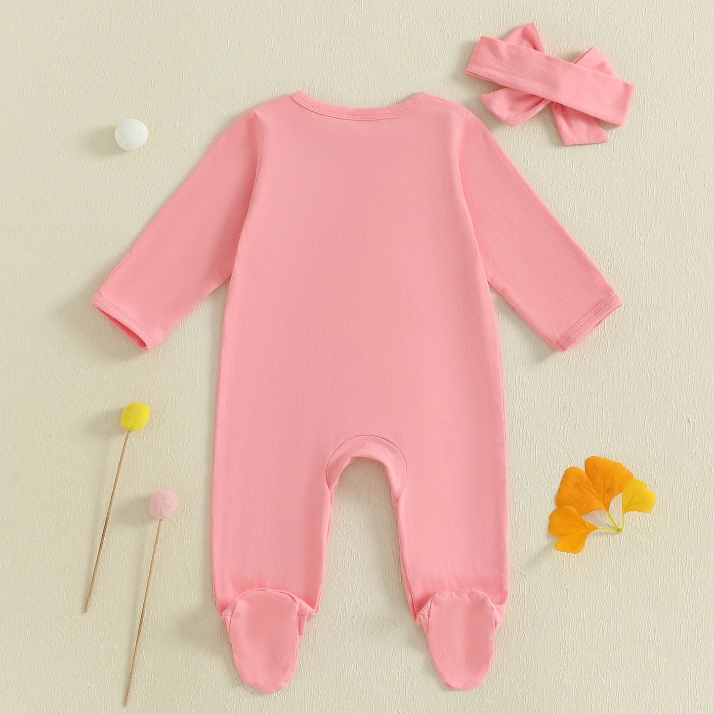 Baby Girls 2Pcs Footies Rompers Golf Embroidered Long Sleeve Round Neck Infant Fall Jumpsuits with Headband Set