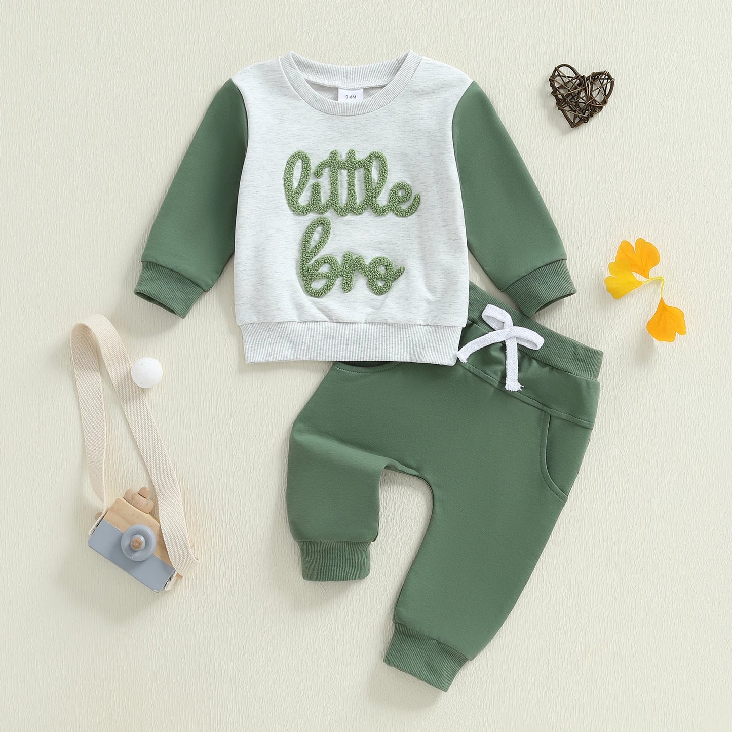 Baby Boy 2Pcs Little Bro Fall Outfits Letter Embroidery Long Sleeve Round Neck Pullover Elastic Waist Solid Pants Jogger Set