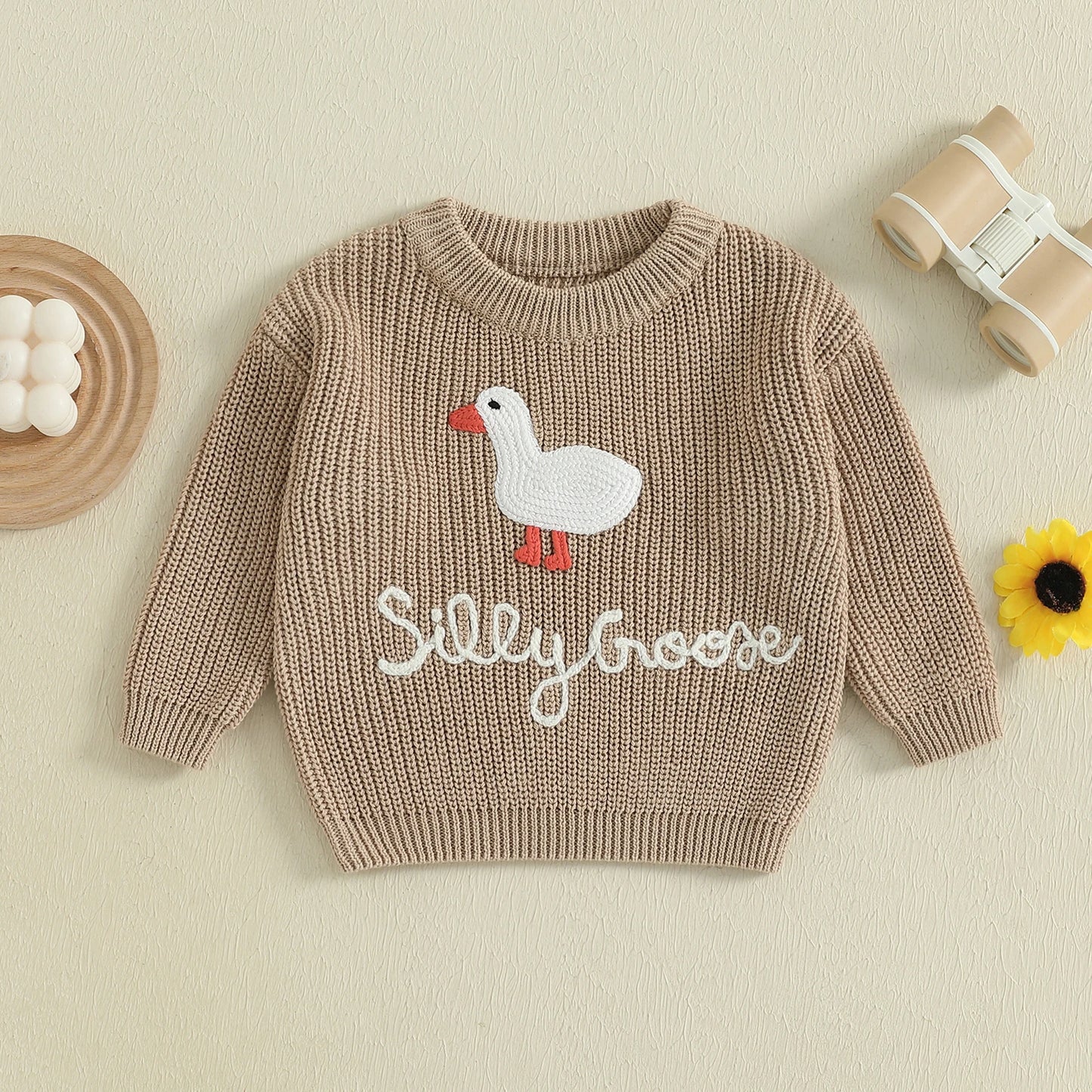 Baby Toddler Boys Girls Silly Goose Sweater Animal Letter Embroidered Crewneck Long Sleeve Pullover Knit Top