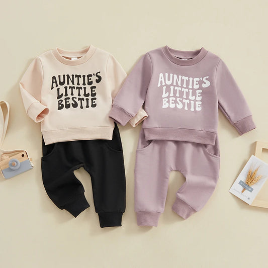 Toddler Baby Boy Girl 2Pcs Clothes Set Auntie's Little Bestie Letter Print Long Sleeve Pullover Top and Jogger Pants Outfit