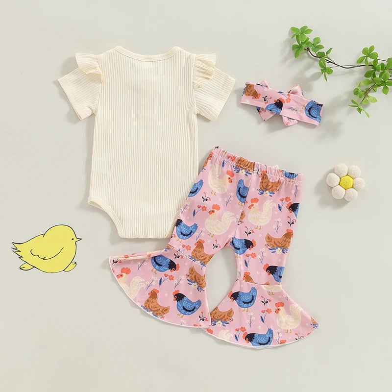 Baby Girl 3Pcs Romper Outfit Ribbed Ruffled Short Sleeve Jumpsuit with Floral / Chicken Flare Pants Headband Set