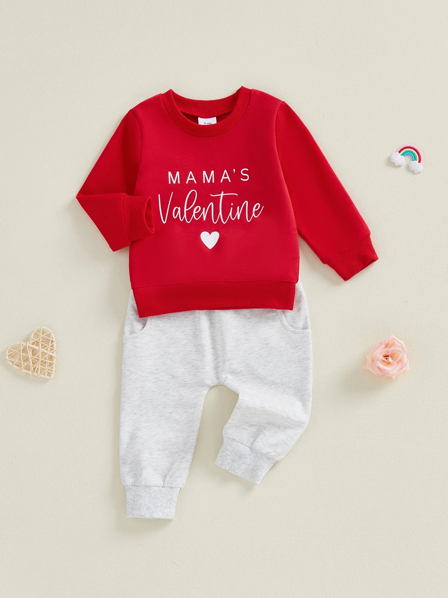 Baby Toddler Girls Boys 2Pcs Valentines Day Outfit Daddy's / Mama's Valentine Heart Letter Long Sleeve Top and Solid Joggers 2 Piece Jogger Set