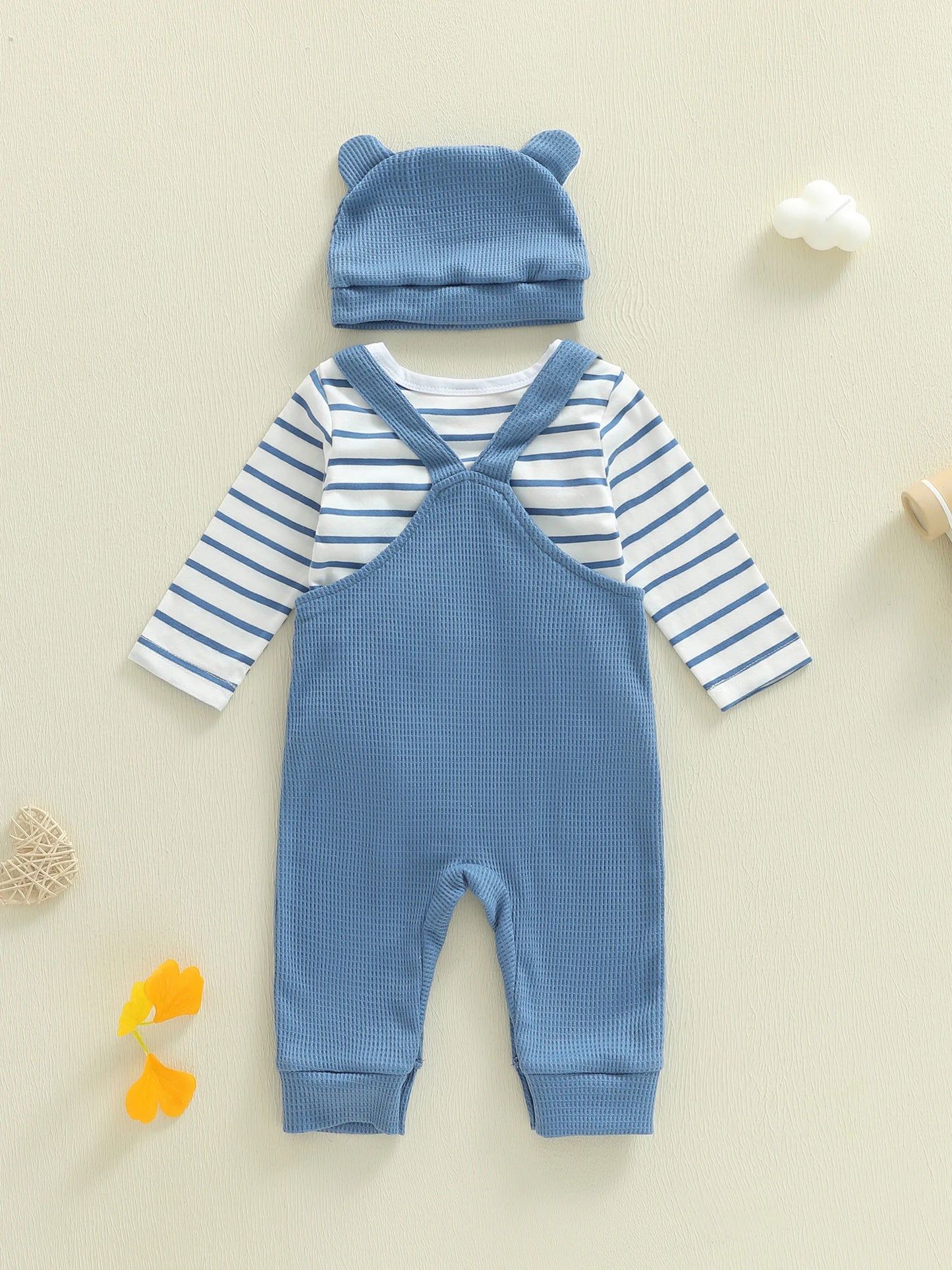 Baby Boys 3Pcs Outfit Set Long Sleeve Crew Neck Striped Romper Elephant Embroidery Suspender Pants Hat
