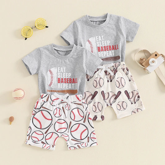 Baby Toddler Boys 2Pcs Eat Sleep Baseball Repeat Outfit Baseball Letter Print Short Sleeve Top and Elastic Shorts Clothes Set