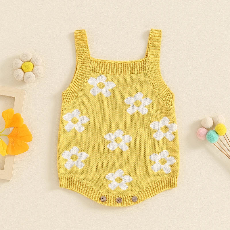 Baby Girl Summer Knit Romper Casual Floral Print Sleeveless Jumpsuit