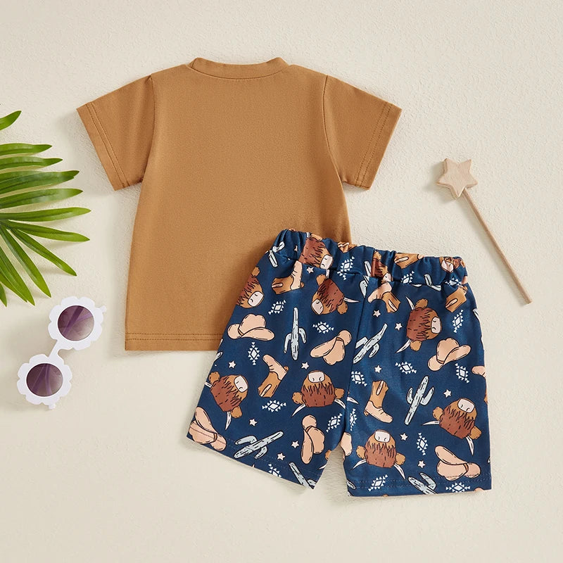 Baby Toddler Boys 2Pcs Summer Outfit Pocket Round Neck Short Sleeve Top Cow Head Cowboy Boots Cactus Print Elastic Waist Shorts Set