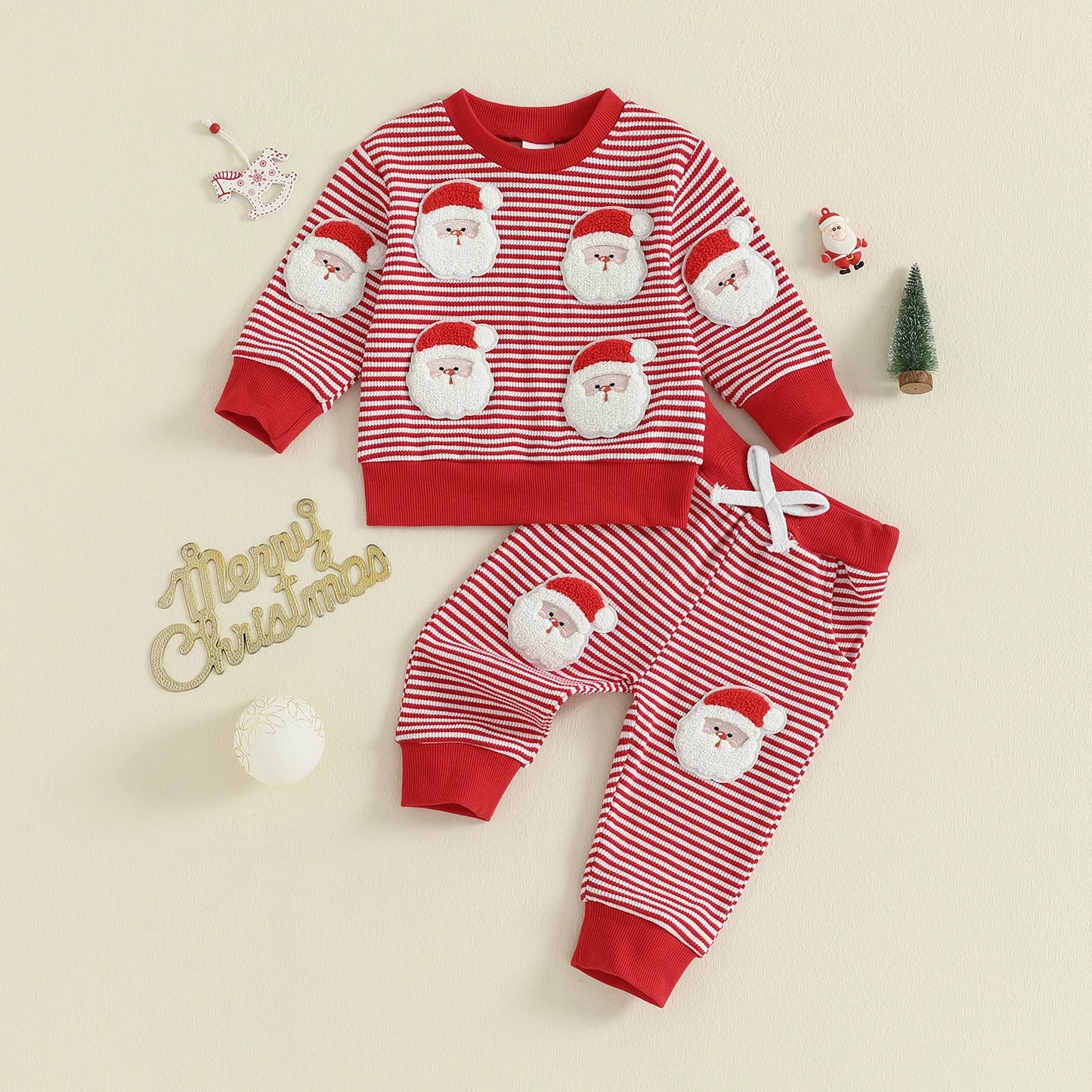 Baby Toddler Boys 2Pcs Christmas Outfits Long Sleeve Stripes Print Top and Pants Jogger Set Winter Clothes
