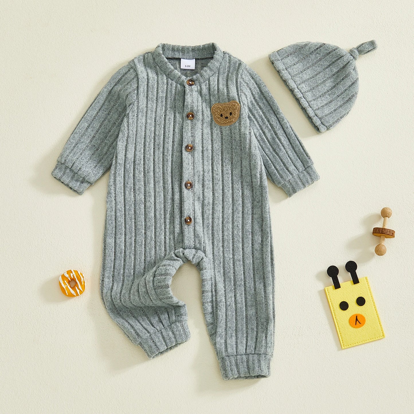 Baby Toddler Boy 2Pcs Jumpsuit and Hat Set Long Sleeve Bear Embroidery Button Down Romper with Hat Newborn Outfit