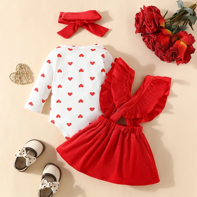 Baby Girls 3Pcs Valentine's Day Clothes Sets Heart Print Long Sleeve Romper with Suspender Skirt Bow Headband