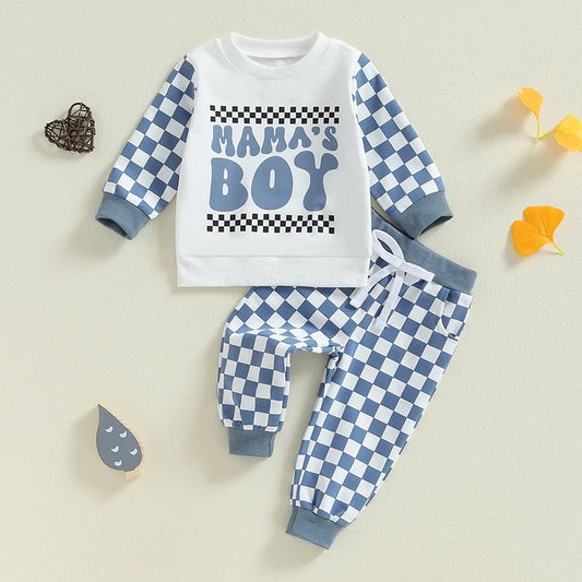 Baby Toddler Boys 2Pcs Mama's Boy Outfit Long Sleeve O Neck Letter Checker Print Top Drawstring Pants Set