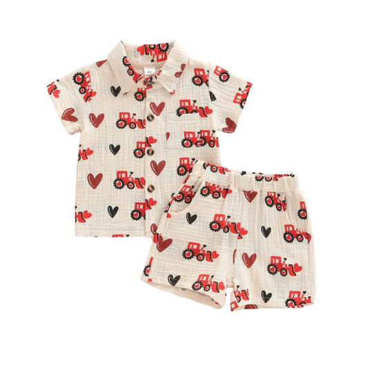 Baby Toddler Boys 2Pcs Valentine's Day Shorts Sets Short Sleeve Lapel Tractor Heart Print Top and Shorts Set