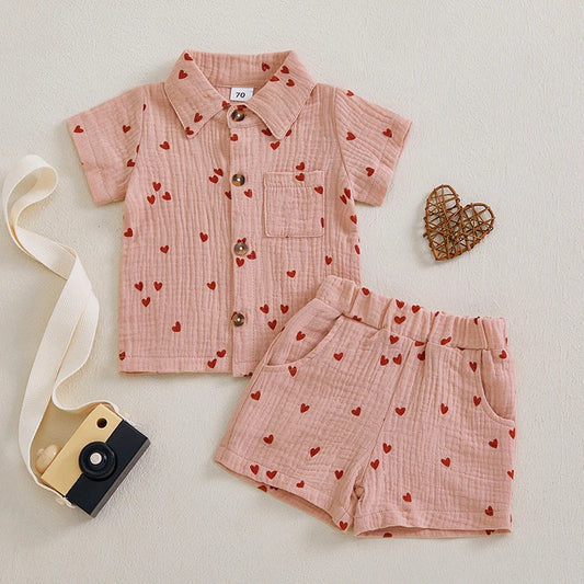 Baby Toddler Boys Girls 2Pcs Valentine's Day Outfit Heart Print Cotton Linen Button Down Short Sleeve Shirt Top and Shorts Valentines Set