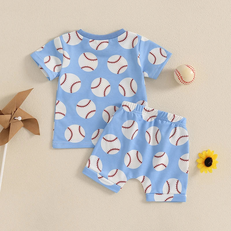 Baby Toddler Boys 2Pcs Set Baseball Print Short Sleeve T-shirt Top Elastic Waist Shorts Summer Outfit