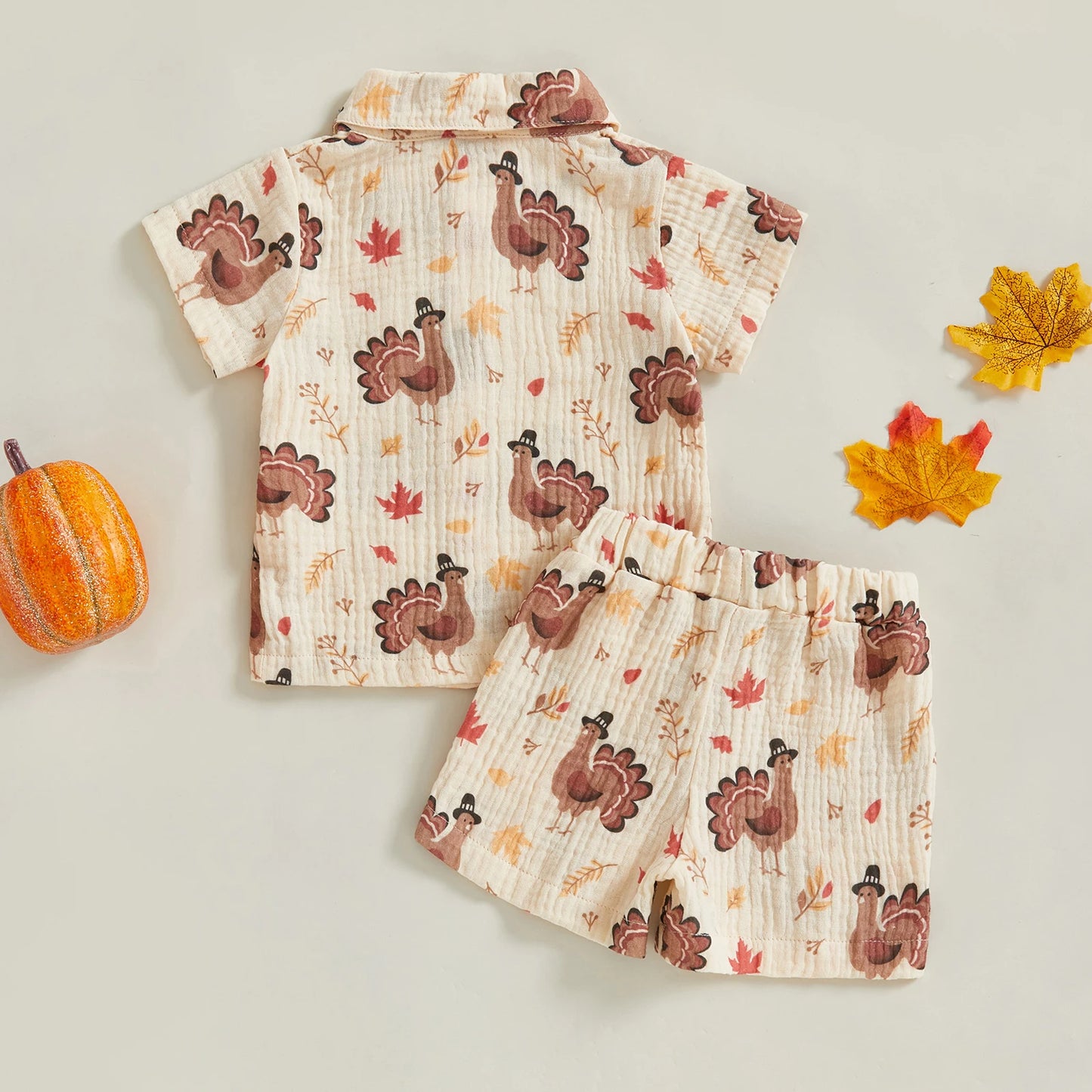 Baby Toddler Boys 2Pcs Thanksgiving Outfit Turkey Short Sleeve Button-up Shirt Elastic Waist Shorts Set