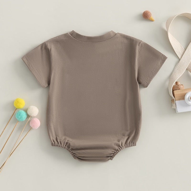 Infant Baby Boy Girl Summer Bodysuit Solid Short Short Sleeve Jumpsuit with Pocket Outfit Bubble Romper