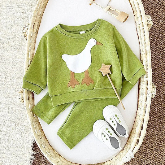 Baby Toddler Boys Girls 2Pcs Cotton Jogger Set Animal Goose Bear Pullover Crewneck Top + Pants Outfit