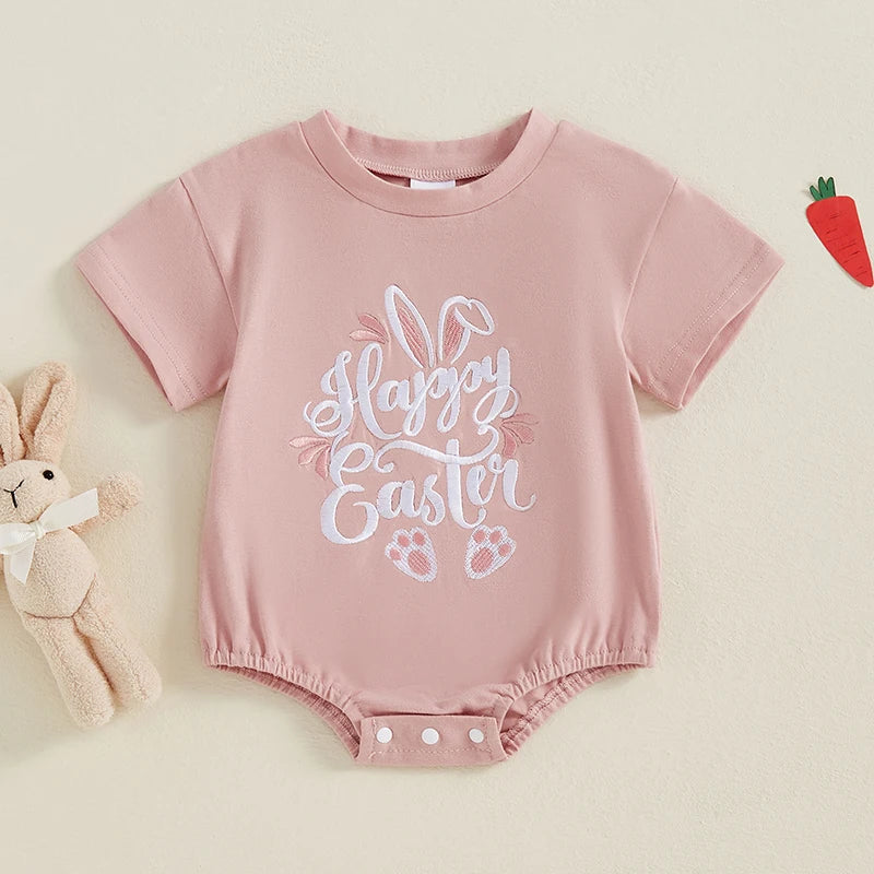 Baby Girls Boys Easter Jumpsuit Some Bunny Loves You / My 1st Easter / Happy Easter / Rabbits Embroidered Short Sleeve Bodysuit Romper