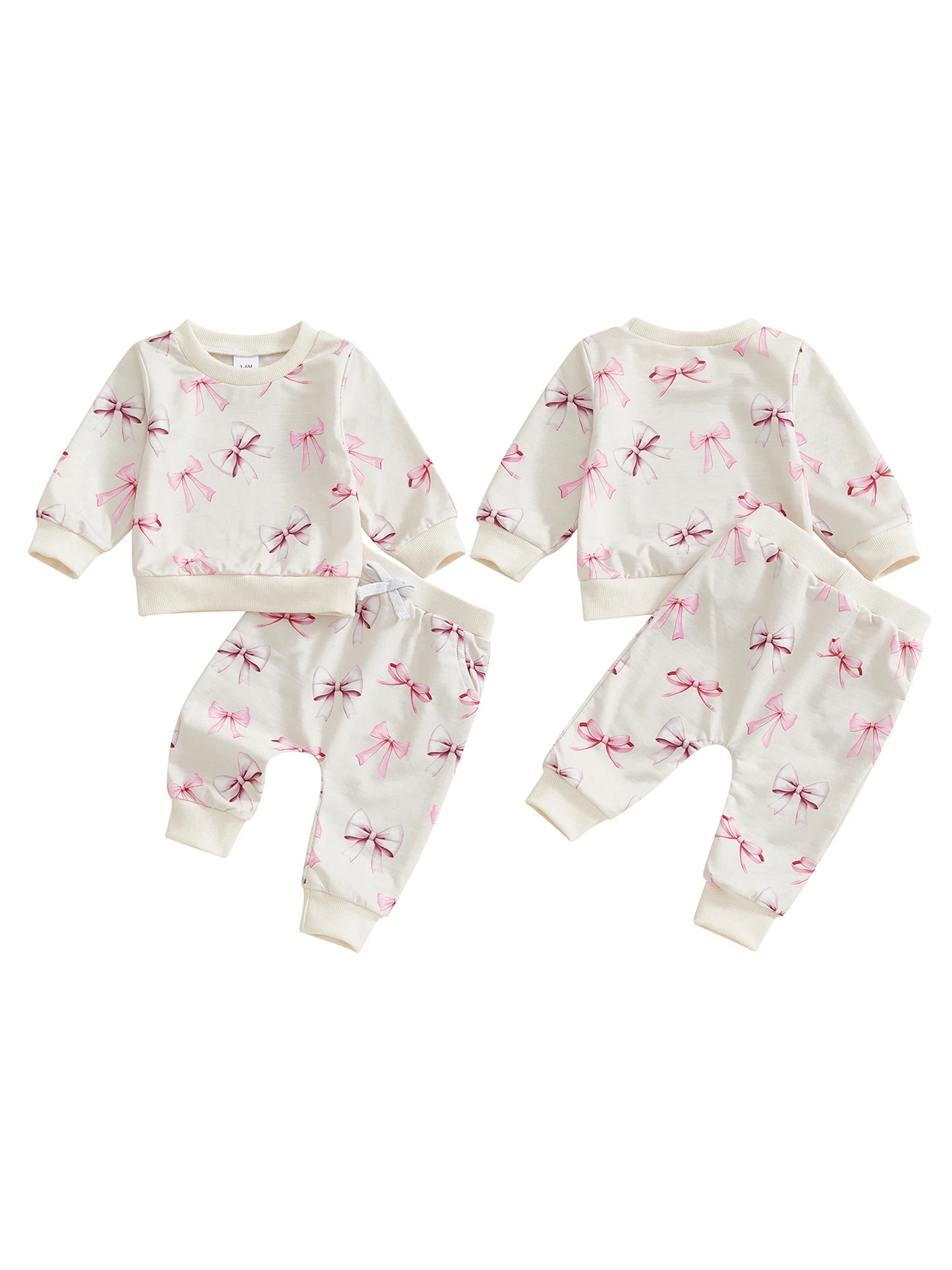 Baby Toddler Girls 2Pcs Spring Outfits Bow Print Long Sleeve Round Neck Pullover Top Elastic Waist Long Pants Jogger Set