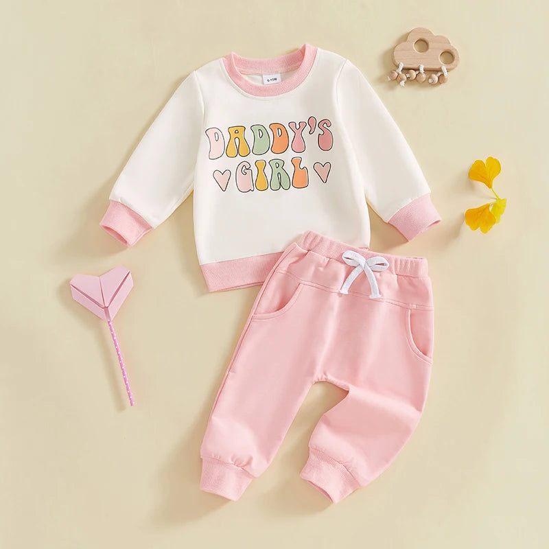 Baby Toddler Girls 2Pcs Daddy's Girl Outfit Long Sleeve Letters Heart Print Crewneck Top Pants Jogger Set