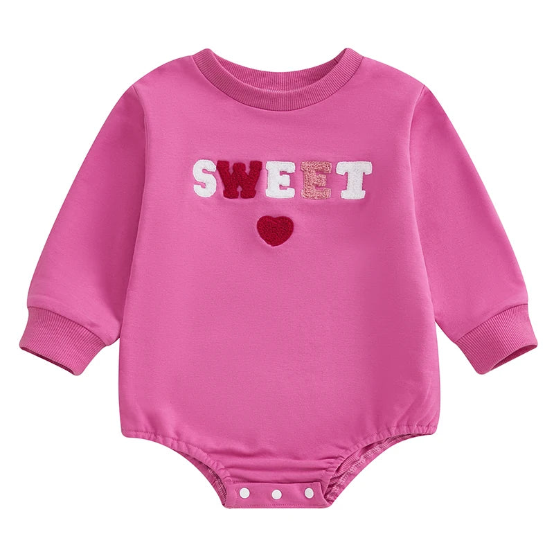 Baby Girls Bubble Romper Valentine's Day Be Mine / Kiss Me / Sweet Heart Letter Embroidered Long Sleeve Jumpsuit Valentines