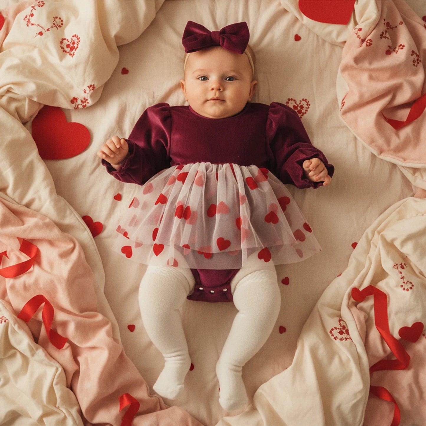 Baby Girls 2Pcs Valentine's Day Romper Dress Long Sleeve Heart Print Tulle Skirt Jumpsuits Headband Bow Set